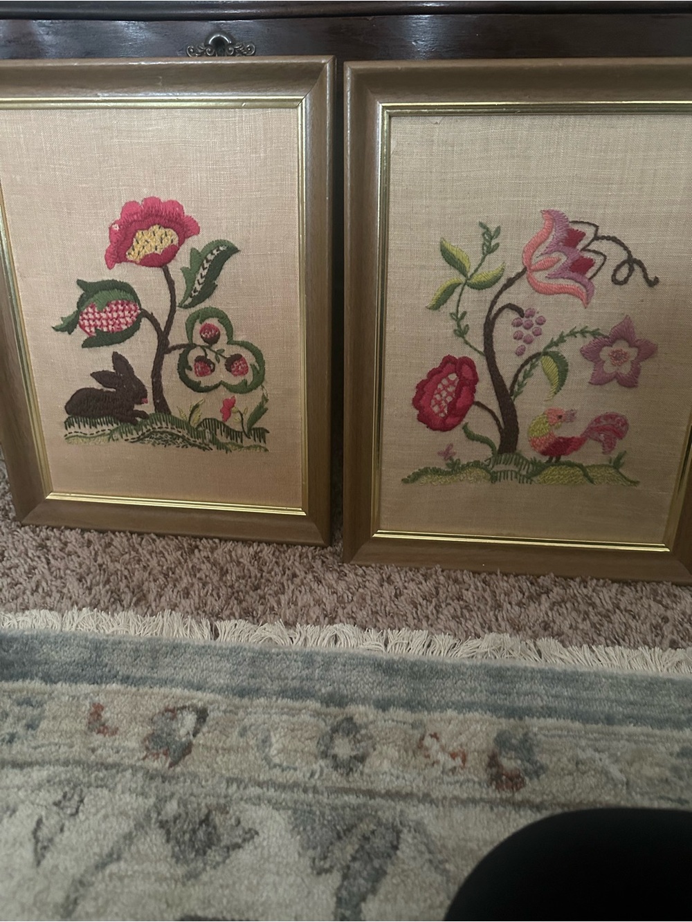 Floral Embroidered Framed Art Pair - Pink, Green, Brown. Selling as a set only.